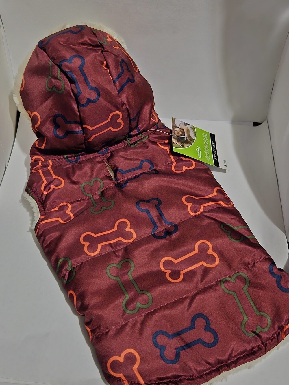 Pet Winter Sailor Parka Dog Coat Burgundy Bone Print Fleece Lined Hood Small NWT
